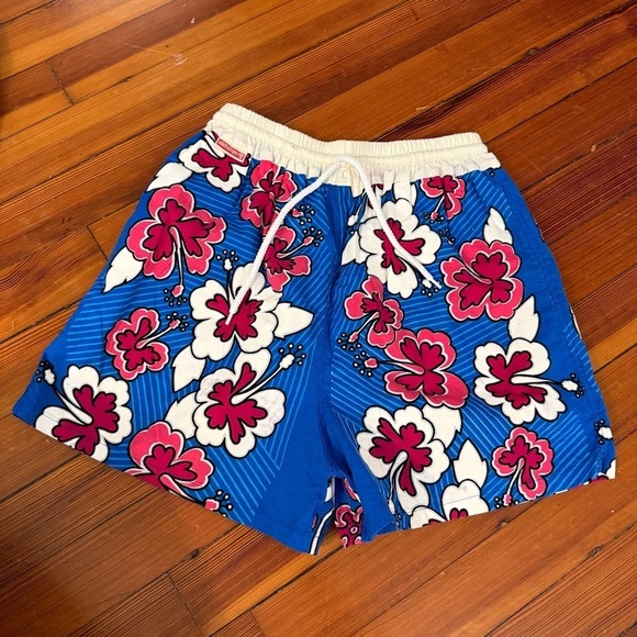 Hawaiian Print Surf Shorts Electric Blue Pink - Picture 1 of 7